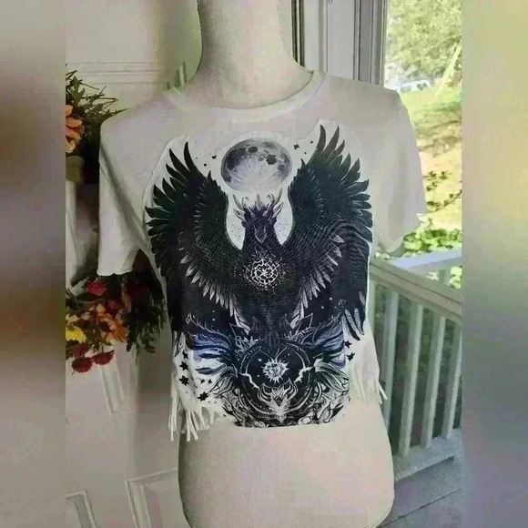 Next level crop top black bird moon fringe - Picture 1 of 4
